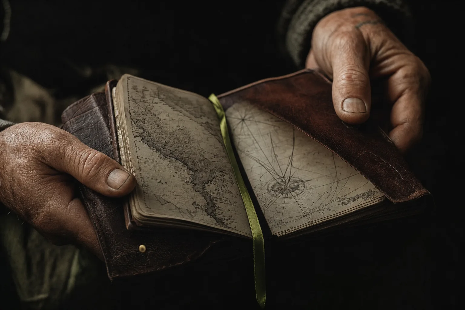 Mains tenant un carnet de voyage en cuir ouvert sur une carte dessinée à la main, un ruban chartreuse marque la page.